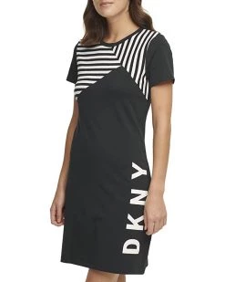 DKNY Short Sleeve Solid and Stripe Dress | Dresses