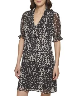 DKNY Short Sleeve Tie Neck Fit-and-Flare Dress | Dresses