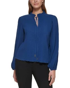 DKNY Long Sleeve Pleated Top with Neck Tie | Shirts & Tops