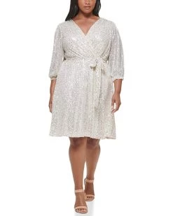 DKNY Plus Size Long Sleeve Sequin Surplice Faux Wrap | Dresses